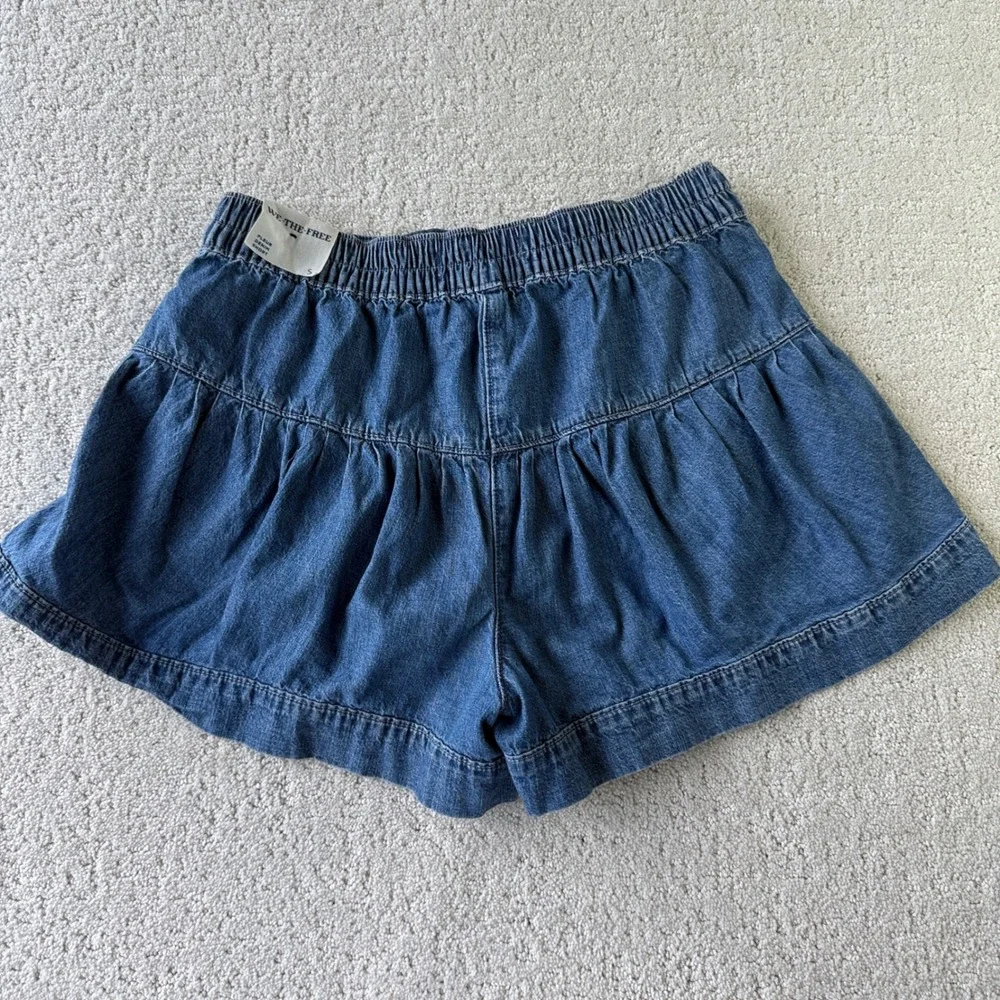 We The Free Fleur Denim Shorts Womens S Blue Ruffle Tiered Button